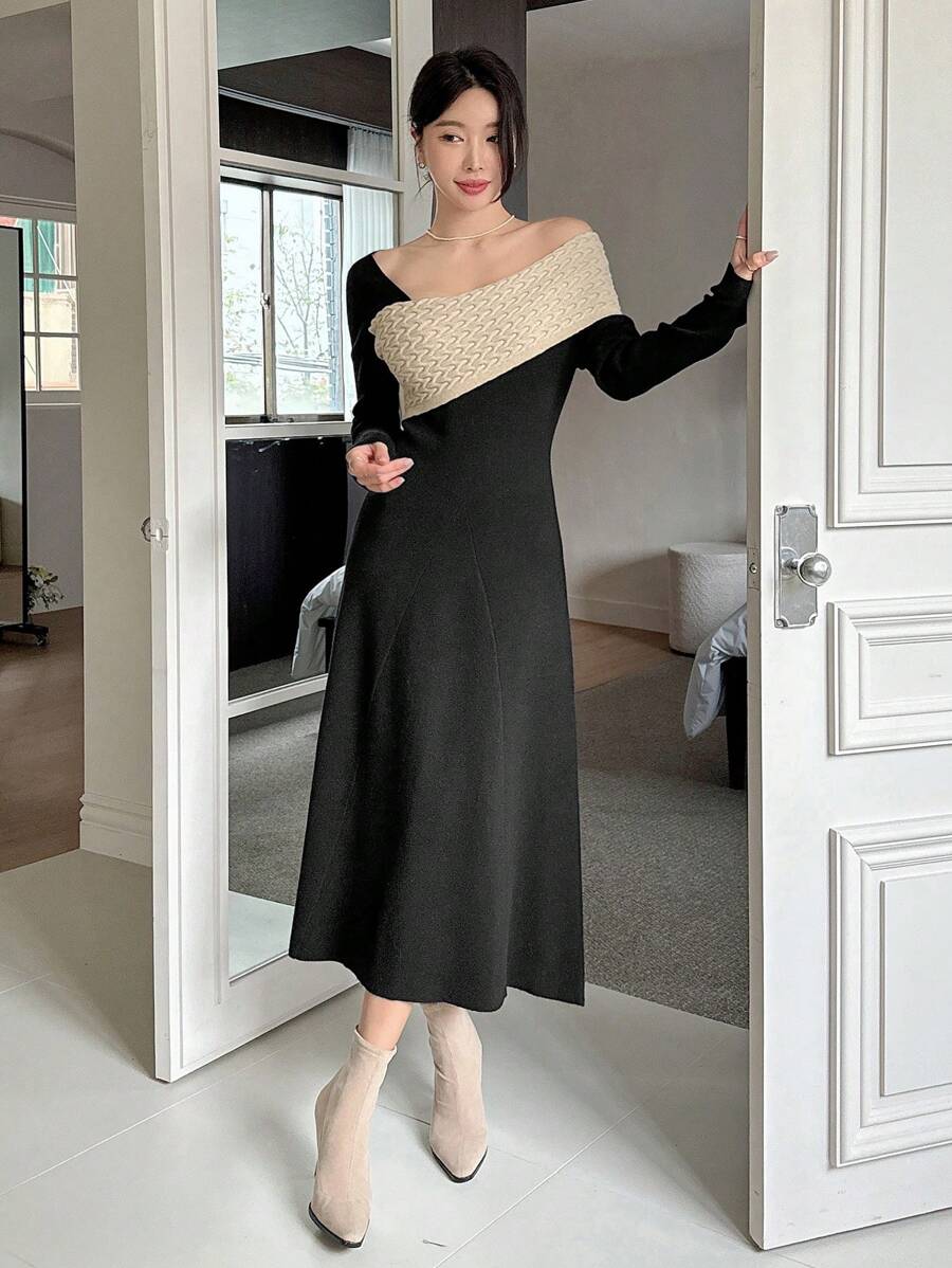 DAZY 1pc Women Asymmetric Contrast Color Sweater Dress Off Shoulder,Fall Clothes - Black - View 1