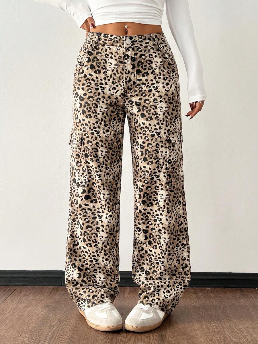 SHEIN PETITE Leopard Print Pocket Decor Casual Versatile Loose Fit Denim Jeans - Multicolor - View 1