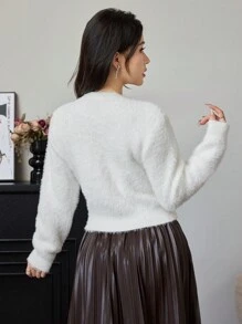 Modelyn Women's Elegant Rhinestone Decor Crew Neck Long Sleeve Pullover Sweater Knit Pullover Fall Winter - White - View 2