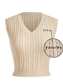 FRIENDS X SHEIN Women Casual Letter Embroidery Rib Knit Sweater Vest, Autumn/Winter - Apricot - View 1