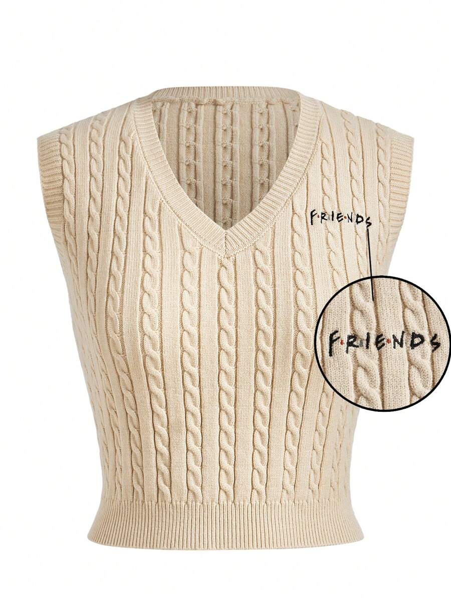 FRIENDS X SHEIN Women Casual Letter Embroidery Rib Knit Sweater Vest, Autumn/Winter - Apricot - View 1