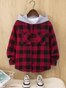 SHEIN Leap Crew 1 件 Tween Boy 休闲格子连帽衫宽松长袖衬衫，舒适适合学院、日常、郊游、学校、聚会，适合秋冬季、圣诞节，红色，黑色 - 紅色 - 查看 2