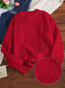SHEIN Suéter Vermelho/Gola Careca/Moletom/Tricô Volumoso/Tricô Trançado/Casual Versátil/Suéter/Ano Novo/Dia dos Namorados/Natal, Meninas Adolescentes - Vermelho - Visão 6