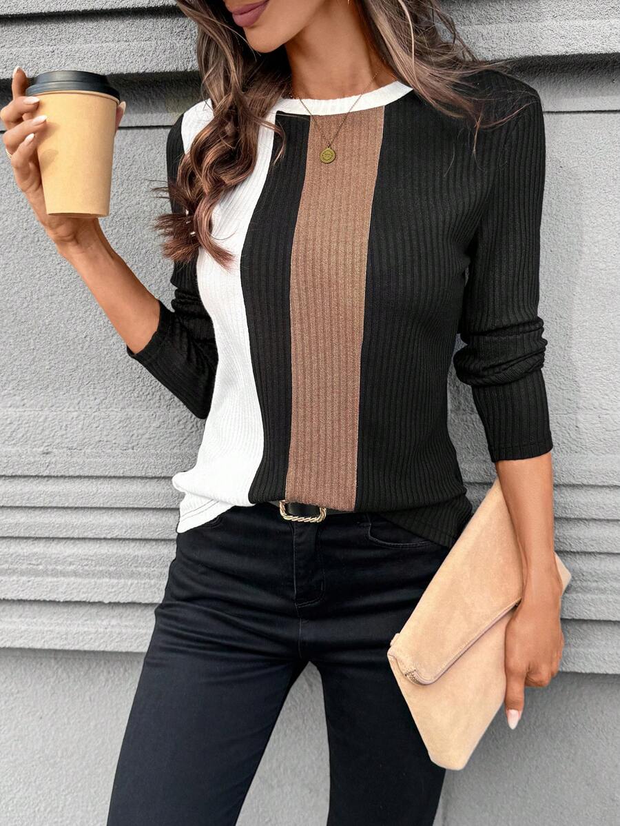 SHEIN LUNE 1 件女式拼色长袖 T 恤，简约时尚休闲日常 - 彩色 - 查看 1