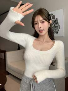DAZY 女士经典圆领纯色针织套头衫，秋季服装 - 白色 - 查看 2