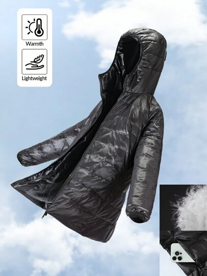 SHEIN EZwear 大码女式黑色休闲斜口袋前拉链连帽羽绒大衣，适合寒冷天气、保暖、秋季的保暖服装