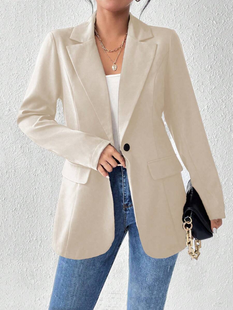 SHEIN PETITE 女士纯色前扣长袖翻领简约休闲西装外套