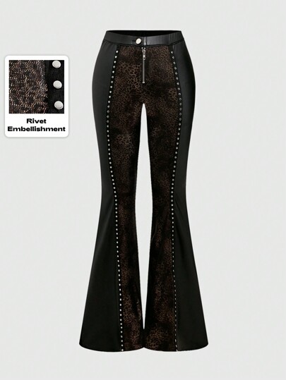 Grunge Punk Y2K Streetwear Leopard Print Rivet Patchwork Zipper Flared Women Pants