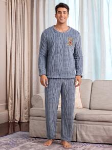 CoupledUp Cute Bear Embroidered Plush Long Sleeve & Pants Men Sleepwear Set - Baby Blue - View 6