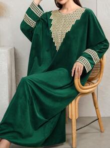 Al Najma Kaftan nhung ren tương phản truyền thống bảo thủ, váy dài tay bướm Ả Rập khiêm tốn Kaftan & Jalabiya, cho tiệc tối/khách dự tiệc cưới/kỷ niệm - màu xanh lá - Xem 6