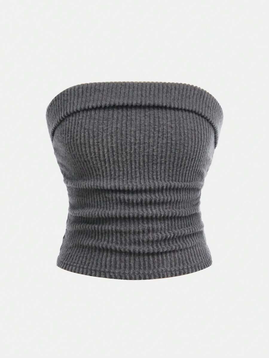 SHEIN 少女针织纯色纹理贴身短款吊带背心 - 深灰色 - 查看 1