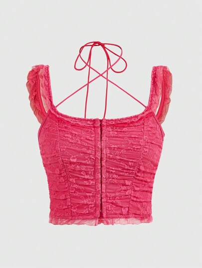 Athîral Kawaii Ballet Style Lace Ruched Lace-Up White Summer Women Tank Top