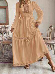 SHEIN VCAY Đầm suông hở vai tay đèn lồng màu trơn đơn giản cho kỳ nghỉ cỡ lớn - Màu be - Xem 5