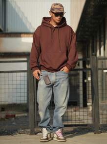 DAZY Sudadera con capucha de unicolor informal con cordón, otoño - Café integral - Ver 11