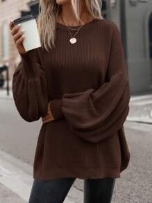 SHEIN LUNE 女士纯色圆领落肩长袖宽松休闲套头毛衣，秋冬 - 棕色 - 查看 7