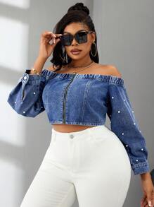SHEIN SXY Große Größen Lässiges Denim-Top mit Reißverschluss vorne und langen Ärmeln sowie Kunstperlendekor, Off-Shoulder