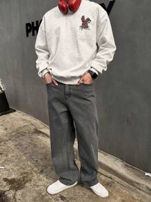 DAZY Men's Leopard & Rabbit Print Pullover Sweatshirt, Casual And Fashionable For Daily Wear Fall,Winter - Grey - View 4