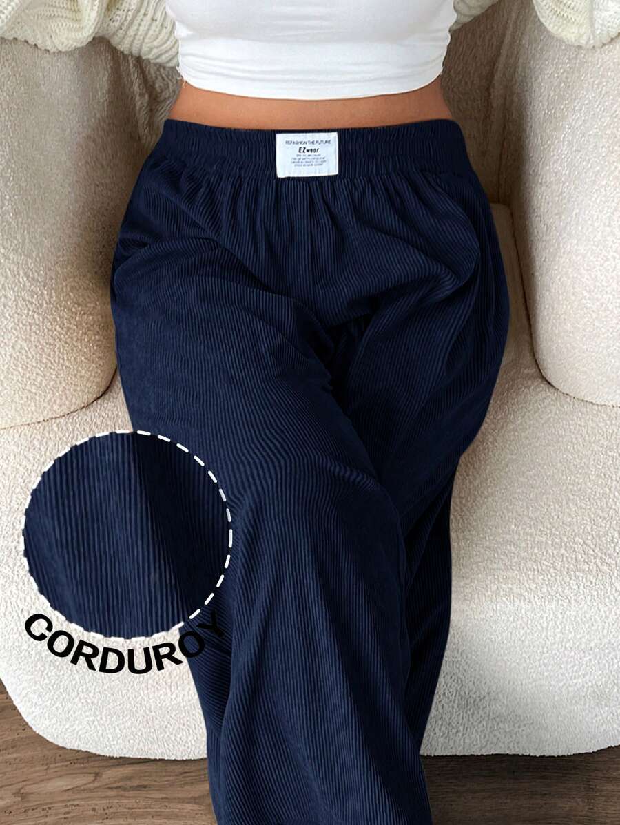 SHEIN EZwear 大码女式秋冬高腰阔腿裤,宽松版型,带口袋和贴片设计,适合上学、日常和室内工作,灯芯绒面料 - 藏蓝色 - 查看 1