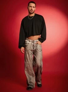 FeverCity 男士休闲简约纯色短款运动衫，秋季圆领运动衫，适合送给朋友、丈夫、男朋友的礼物 - 黑色 - 查看 4