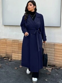 Calvaya Plus Size Solid Color Button Front Long Sleeve Notched Collar Minimalist Casual Trench Coat - Navy Blue - View 6