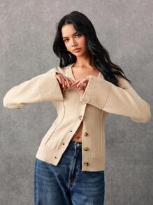 Poéselle 女士修身腰部开衫，前扣长袖纯色休闲毛衣卡其色开衫秋季服装冬季女装长袖秋装冬季女装，卡其色，轻松时尚必备， - 白色 - 查看 5