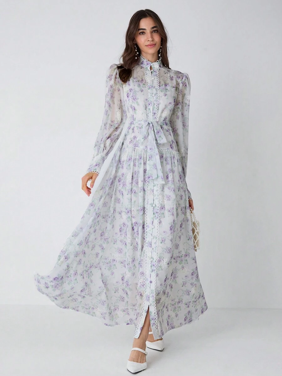 Enchnt 女士花卉印花立领系带前排纽扣长袖连衣裙，优雅