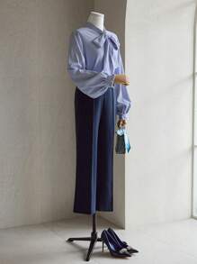 DAZY Striped Ruffle Lantern Sleeve Splice Detail Long Sleeve Women Blouse,Fall Clothes - Blue - View 7