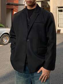 DAZY 1 件男士休闲纯色翻领夹克，秋季服装 - 黑色 - 查看 4