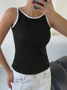 DAZY 女式条纹短款圆领修身背心，春夏 - 黑色 - 查看 5