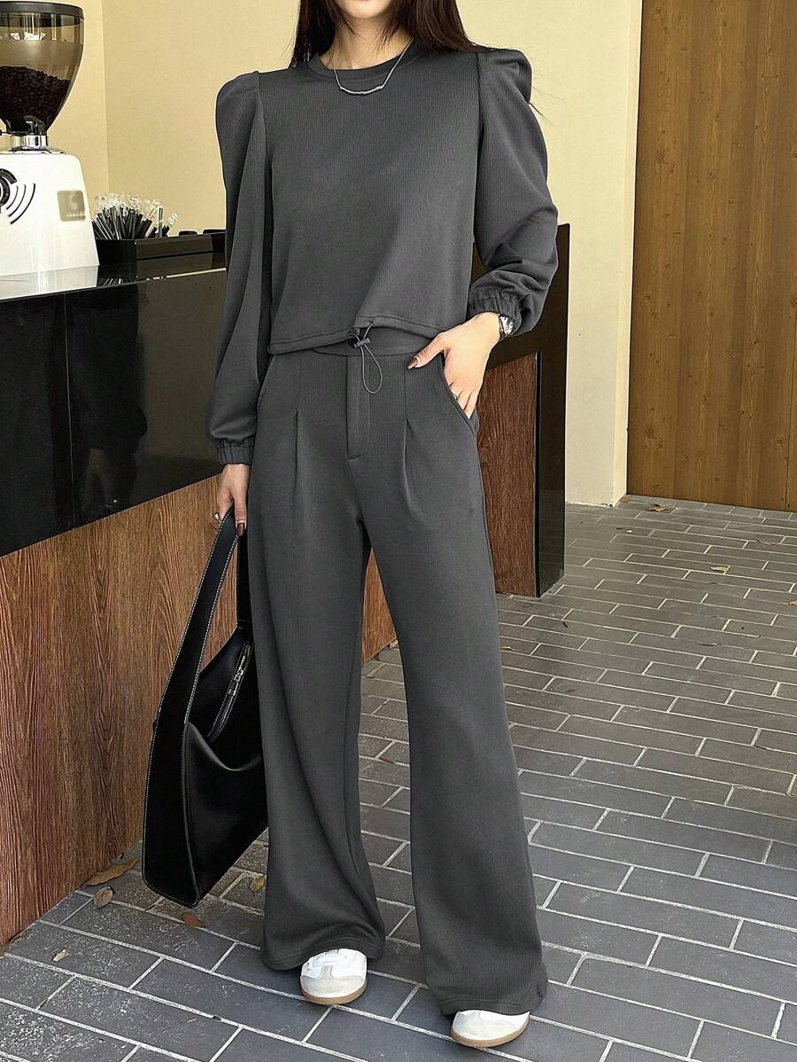 DAZY 2pcs/Set Women Plain Crew Neck Puff Sleeve Sweatshirt And Wide Leg Pants Set,Fall Clothes - Dark Grey - View 1