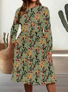 EMERY ROSE Casual Minimalist Bodycon Round Neck Long Sleeve Plus Size Dress, Suitable For Autumn/Winter