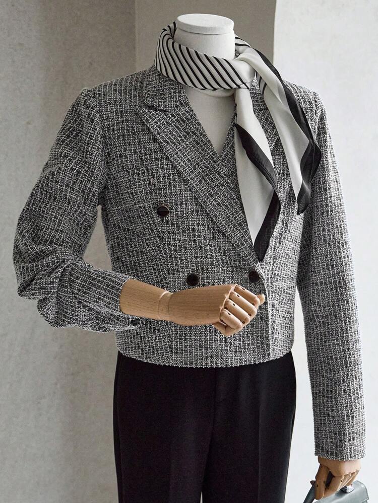 1pc Women Fall Elegant Notched Collar Tweed Short Blazer Jacket Business Attire