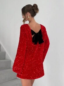 Siren Gaze Women's Sequin Embellished Round Neck Long Sleeve Mini Dress, Suitable For Banquet And Party Winter Christmas New Year Luxury Red Glitter Spring Valentine's Day Shiny - Red - View 2