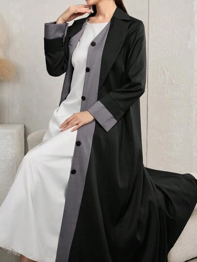 Al Najma 女式简约拼色翻领纽扣长袍长袍，适合秋冬季日常通勤，适度休闲开口长袖纽扣长袍，适合日常休闲/工作