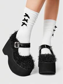 ROMWE Women's Punk Style Fluffy Hook-And-Loop Decor Fashion Platform Flat Shoes New Year Holiday - Black - View 2