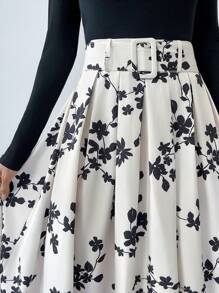 Firerie 女式优雅花卉印花百褶裙，秋季 - 杏色 - 查看 5