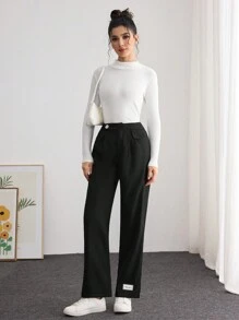 Modelyn Pantalon large à jambe droite affinante de style coréen pour femme, avec détail de revers
