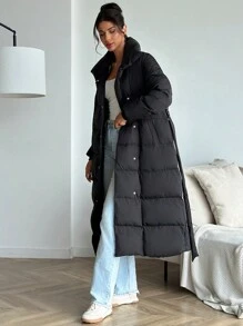 SHEIN Privé Women's Black Lapel Belt Decor Long Padded Coat