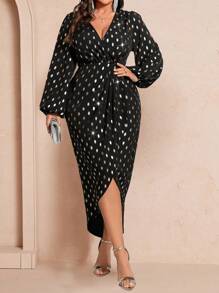 Celure Plus Size Women Sparkly Jagged Print Asymmetric Neck Lantern Sleeve Wrap Hem Dress