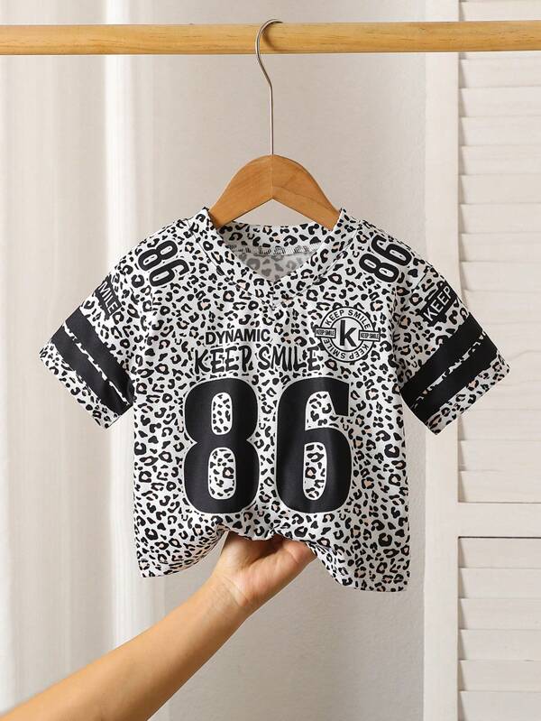 SHEIN Bebeluş Fetiţă/Bebeluş/Copil mic Sporty Casual Respirabil Literă & Leopard Print Decolteu în V Jerseu de hochei pe gheaţă Tinuta sportivă