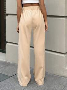 SHEIN Women's Casual Versatile Solid Color Mid Rise Knit Pants - Beige - View 2