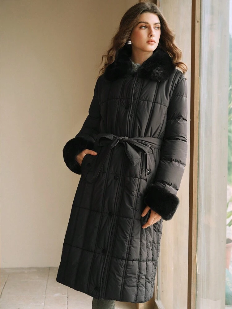 Thick Long Puffy Collar Horizontal Seam Women's Coat