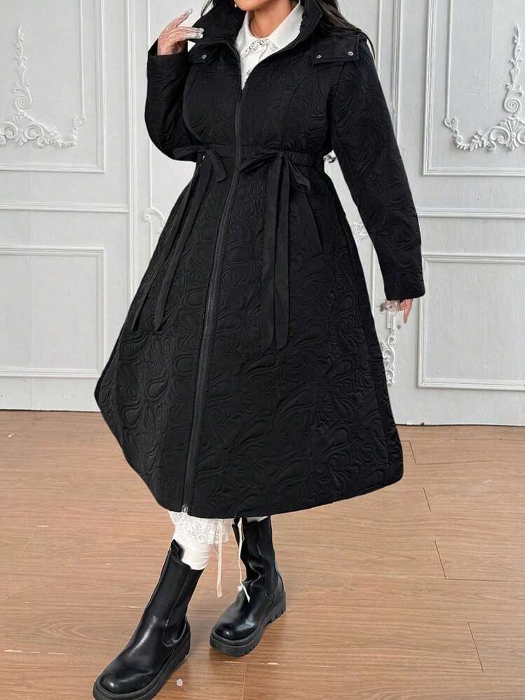 Plus Size Vinter Mock Neck Blommönster Huva lång vadderad med pilbåge, fickor och A-line siluett - Svart - Visa 6