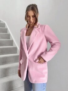 SHEIN Essnce Women's Solid Color Front Button Long Sleeve Flat Collar Simple Casual Blazer - Pink - View 7