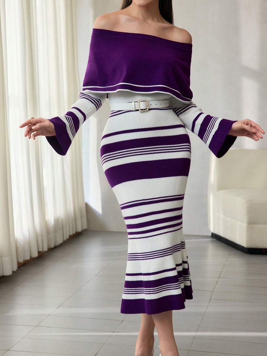 Modelyn Ruffle Off Shoulder Långärmad Stickad Klänning, Kontrastfärg Slimming Fish Tail Lång Klänning - Multifärgad - Visa 1
