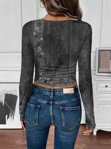 SHEIN LUNE 秋冬新款花卉印花修身方领长袖T恤，休闲时尚机场女装 - 深灰色 - 查看 2