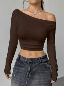 SHEIN Unity Áo len cổ lửng màu trơn đơn giản tối giản không đối xứng - Màu nâu Sô-cô-la - Xem 5