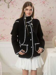 Teen Girls Casual Fall And Winter New Arrival, Contrast Binding Dual Pockets And Scarf Coat