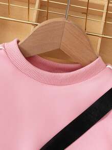 2 件/套年轻女孩休闲日常运动圆领运动衫和运动裤套装，秋季粉色儿童套装女童运动衫套装女婴运动衫套装女婴运动服套装女婴运动服 - 粉色 - 查看 3