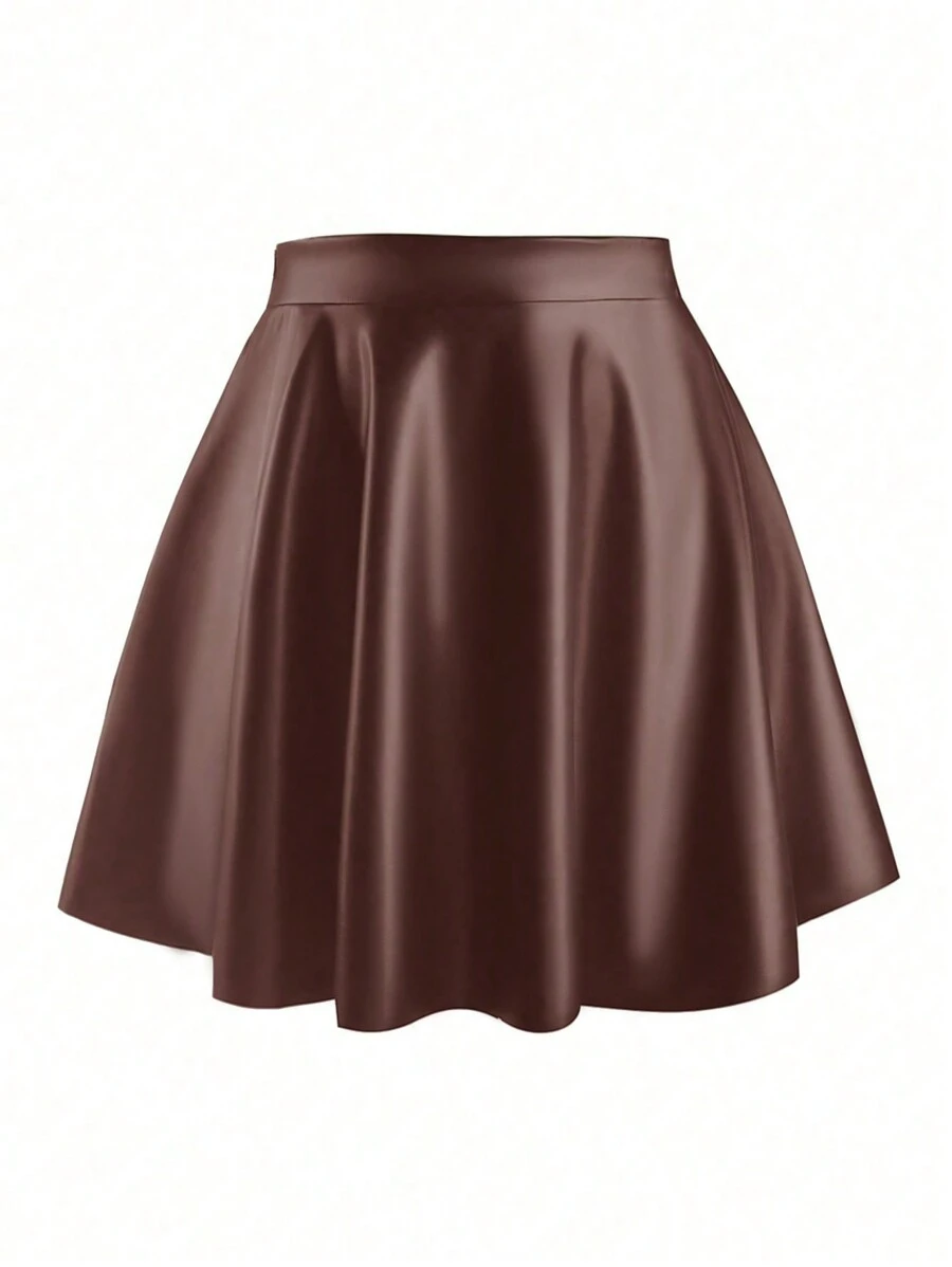 Flirla Plus Size Solid Color A-Line Skirt, Casual And Simple, Autumn/Winter - Brown - View 1